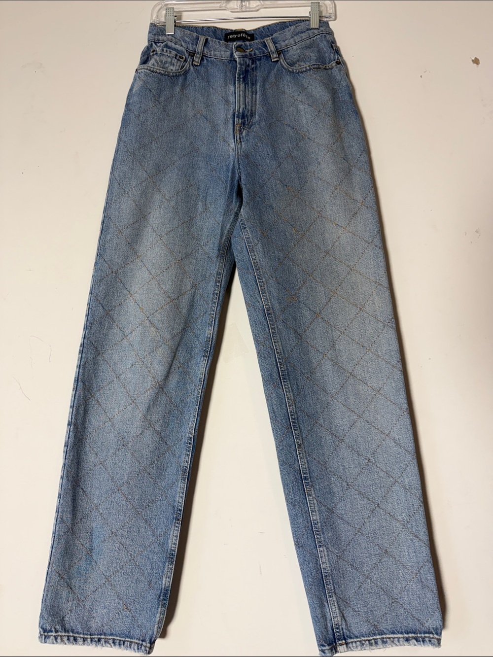 Retrofete Light Blue Quilted Diamond-Stitch Straight Leg Jeans
